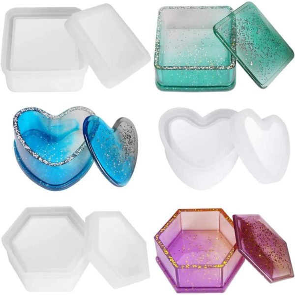 Resin Moulds Silicone Jewellery Box Molds with Hexagon,Heart and Square,Resin Casting Crafts Decoration